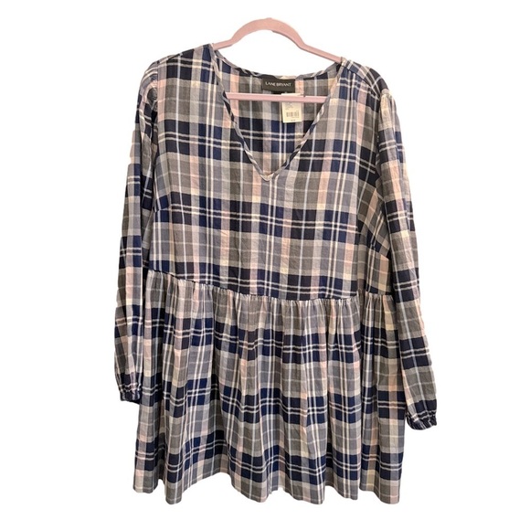 NWT LANE BRYANT Blue Plaid Bubble Sleeve V Neck Gathered Waist Cotton Top 18/20 - Picture 1 of 7